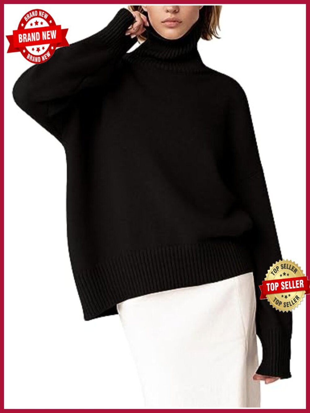 Chunky Knit Turtleneck Sweater Long Sleeve High Low Hem Pullover